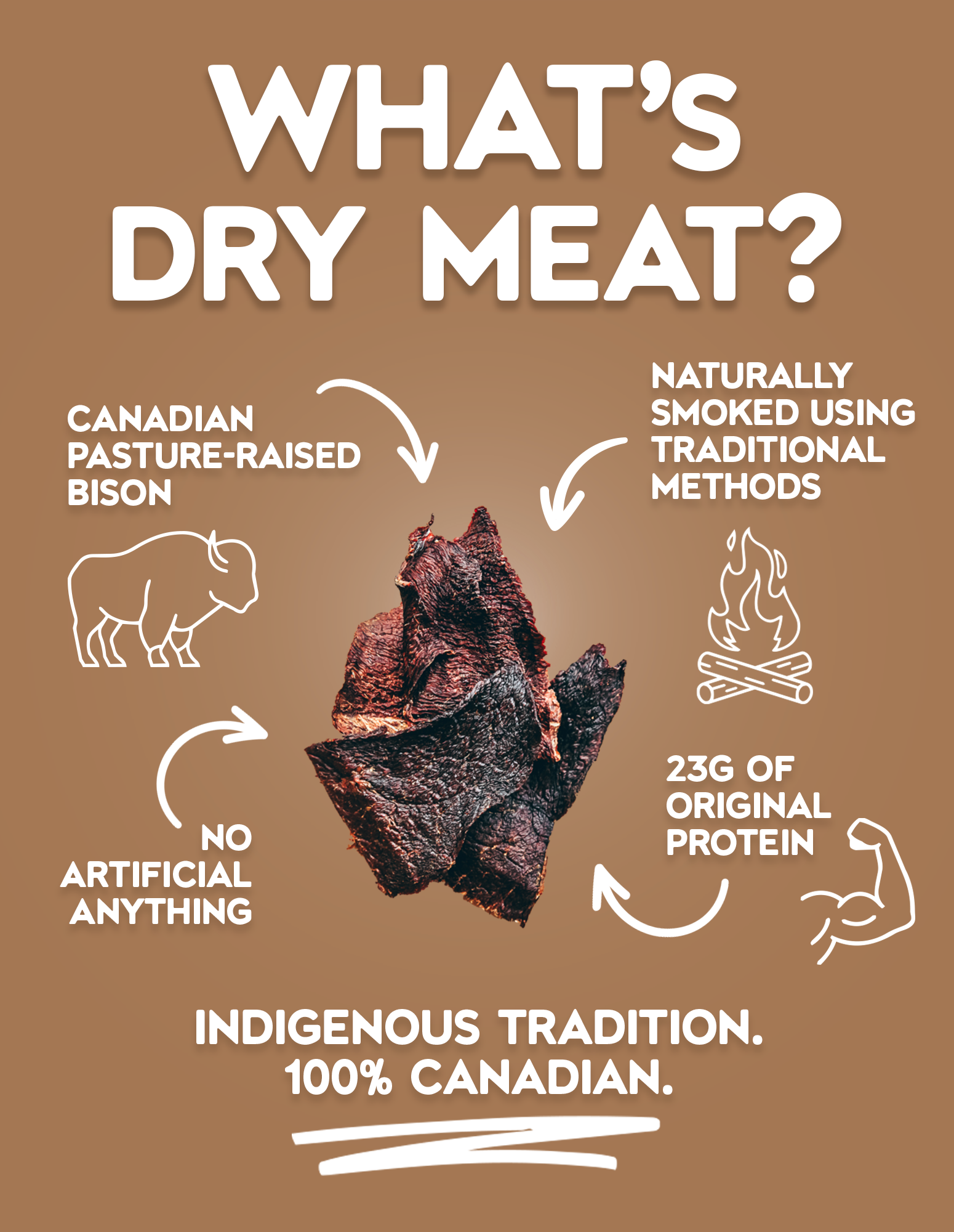 Dry meat made from Canadian pasture-raised bison, naturally smoked using traditional methods, with 23 grams of protein and no artificial ingredients