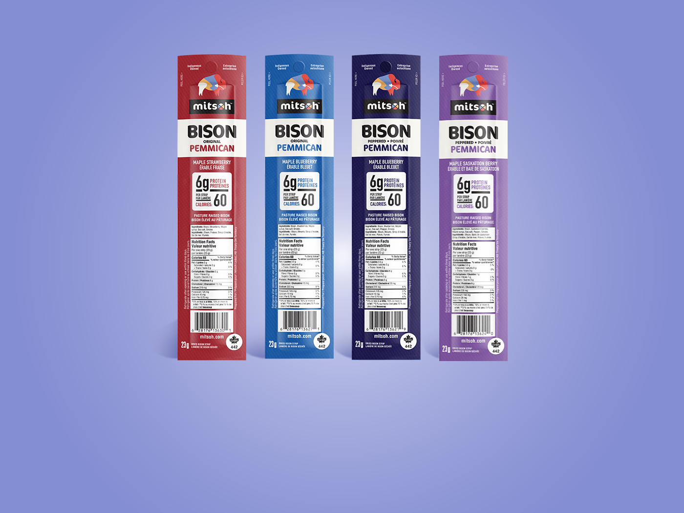 Four Mitsoh bison pemmican flavours: Original Strawberry, Original Blueberry, Peppered Blueberry, and Peppered Saskatoon Berry