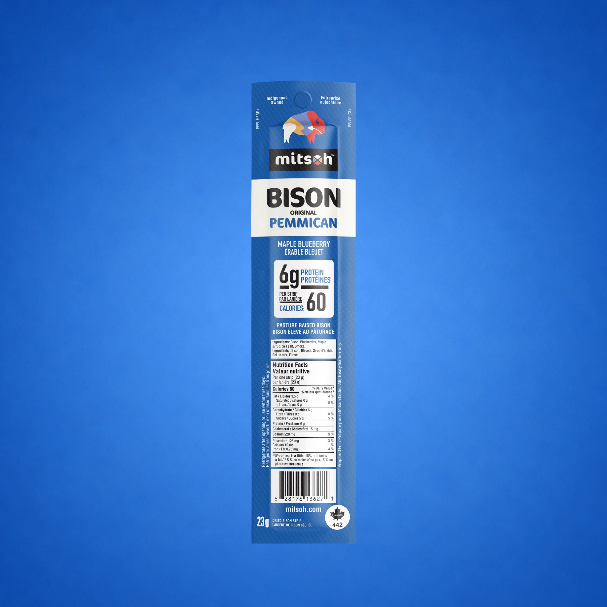 Single Original Blueberry Bison Pemmican strip on a blue background