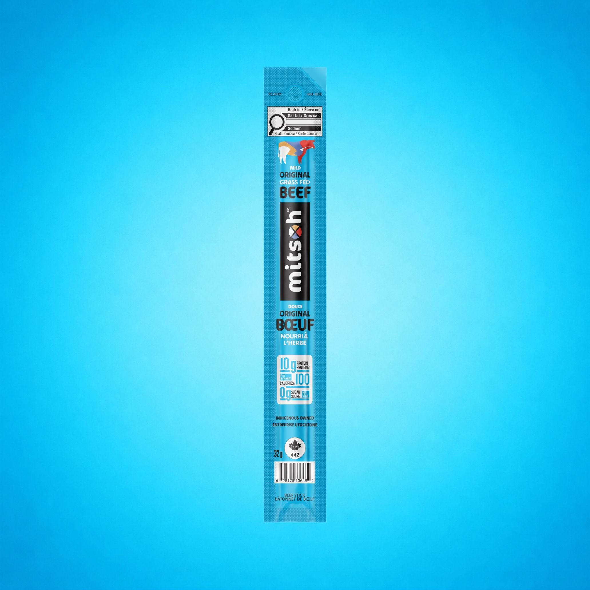 Single Mild Original Grass-Fed Beef Stick on a blue background