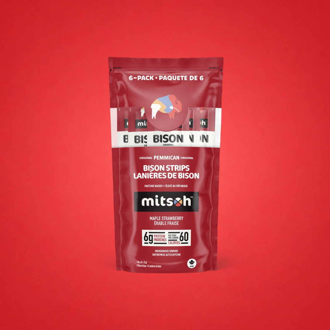 Original Strawberry Bison Pemmican 6-pack pouch on a red background