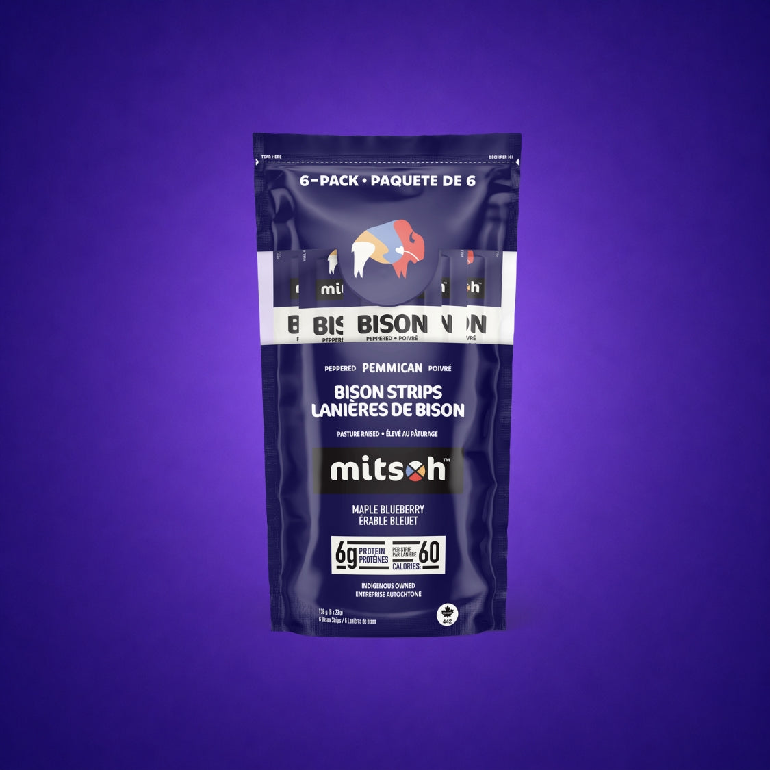 Peppered Blueberry Bison Pemmican 6-pack pouch on a deep purple background