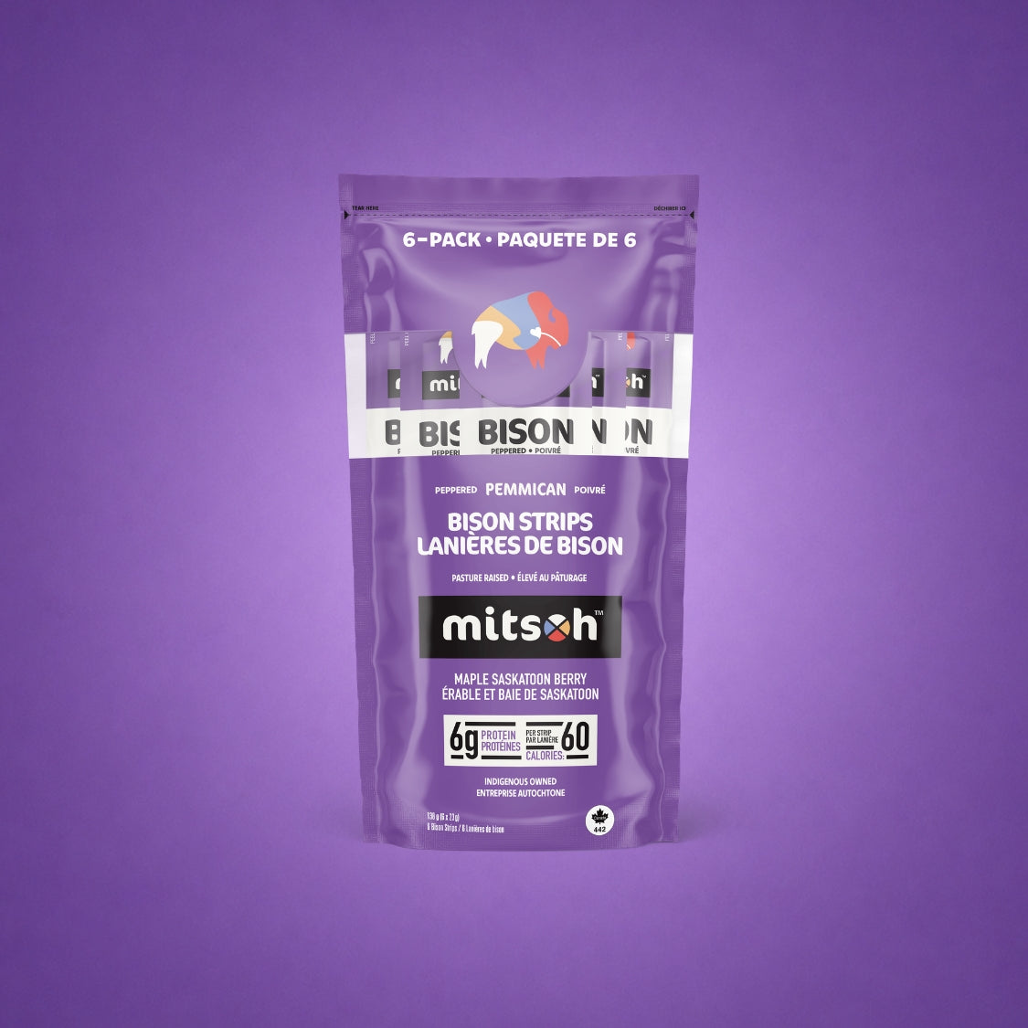 Peppered Saskatoon Berry Bison Pemmican 6-pack pouch on a purple background