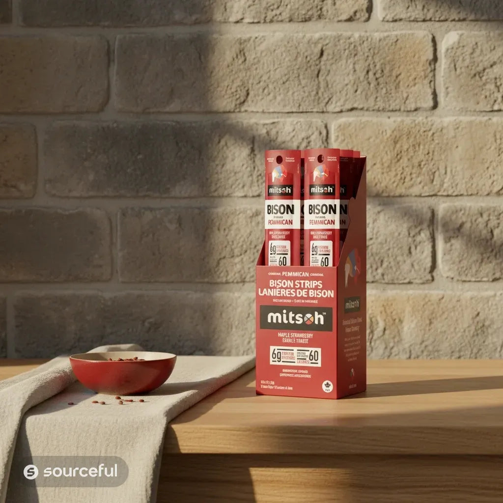 Original Strawberry Bison Pemmican 6-pack carton beside strawberries on a table