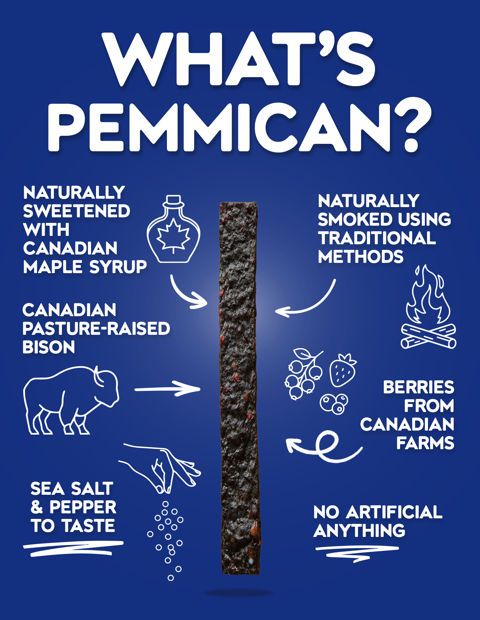 Bison pemmican made with Canadian pasture-raised bison, Canadian berries, maple syrup, sea salt, and traditional smoking methods with no artificial ingredients