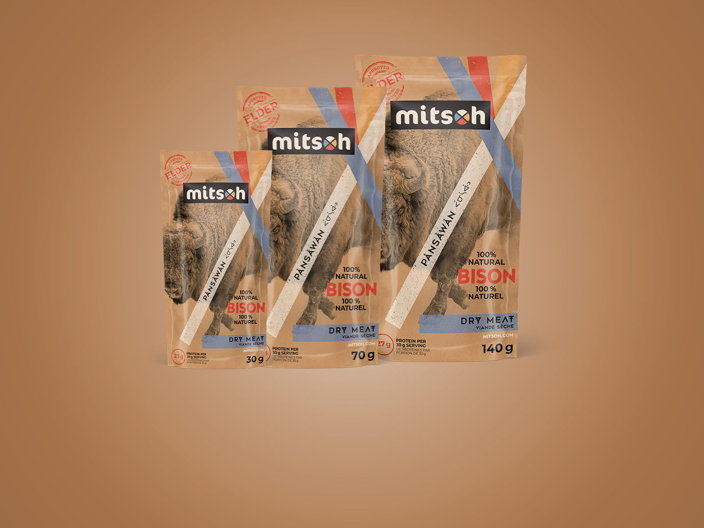Mitsoh dry bison meat in 30 g, 70 g, and 140 g package sizes