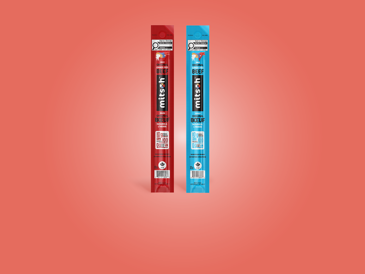 Mitsoh Spicy Original and Mild Original Grass-Fed Beef Sticks side by side