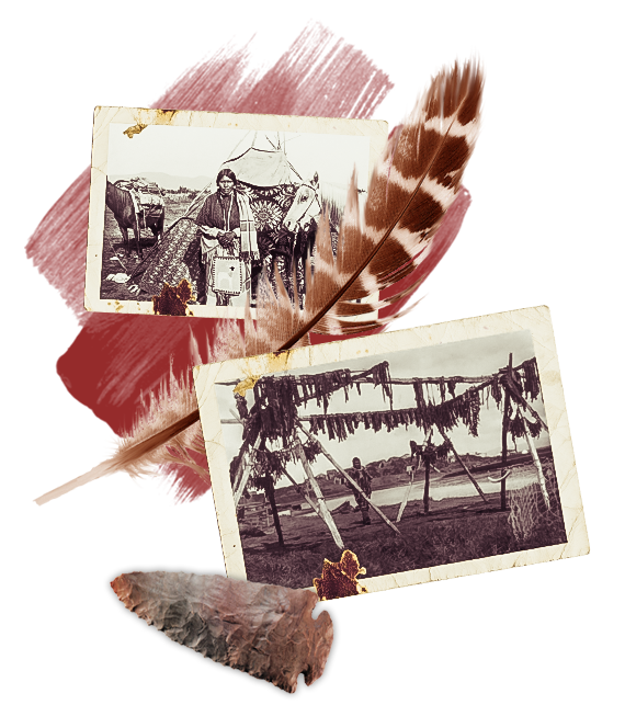 Historic Indigenous imagery showing bison meat drying on wooden racks