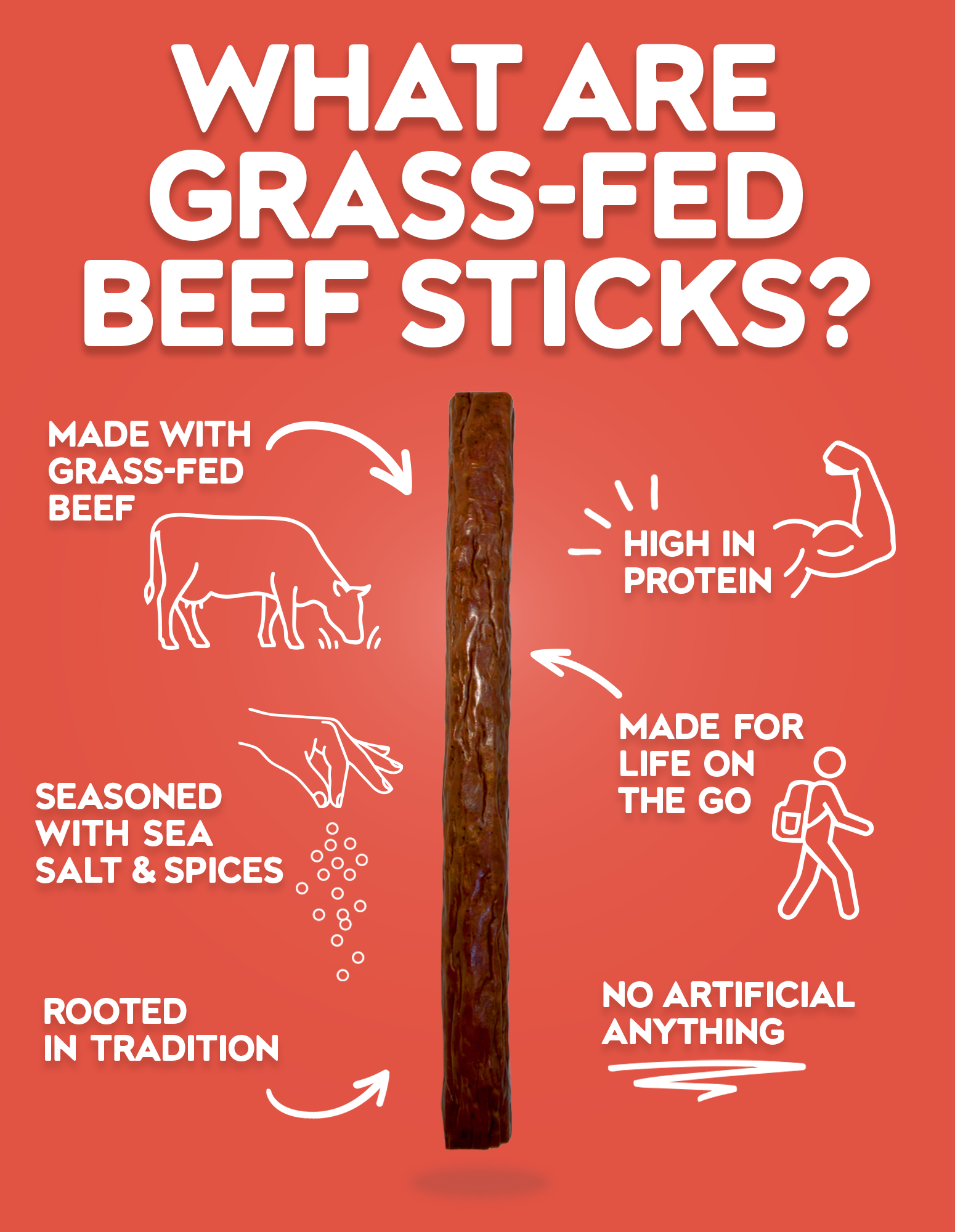 Grass-fed beef stick made with seasoned beef, high in protein, free from artificial ingredients, and designed for on-the-go snacking