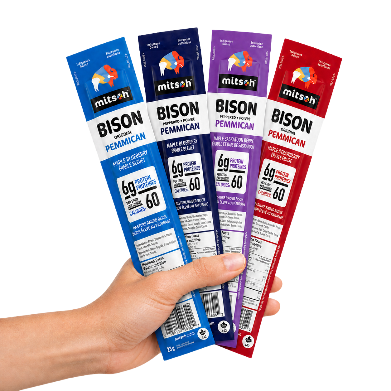Hand holding four Mitsoh bison pemmican strips in different flavours