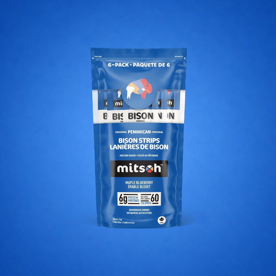 Original Blueberry Bison Pemmican 6-pack pouch on a blue background