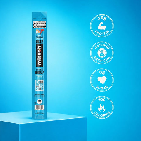 Mild Original Grass-Fed Beef Stick with product benefit icons on a blue background