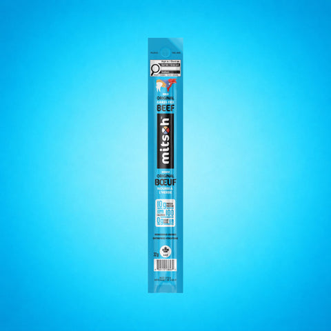 Single Mild Original Grass-Fed Beef Stick on a blue background