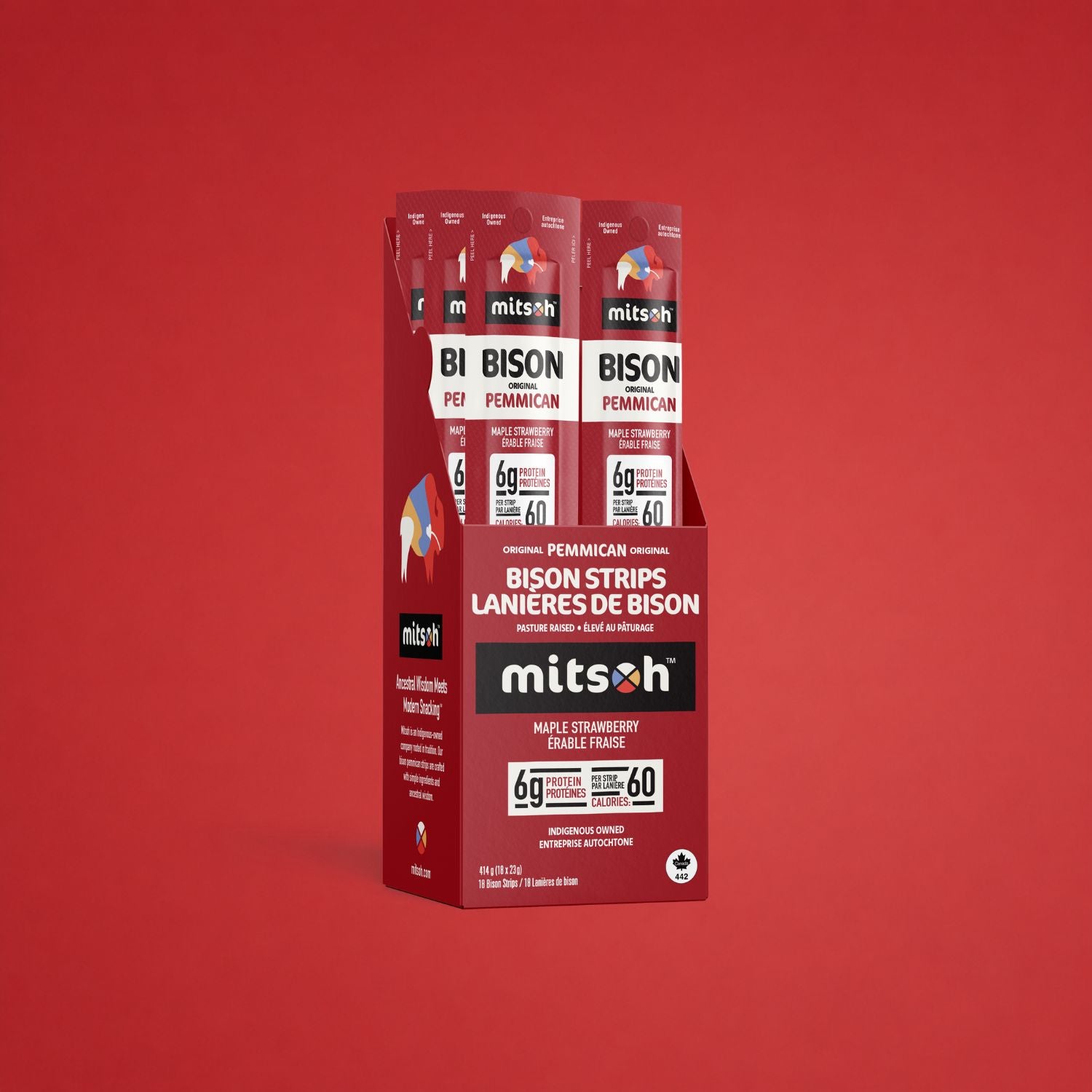 Original Strawberry Bison Pemmican 18-pack carton on a red background