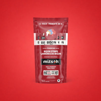 Original Strawberry Bison Pemmican 6-pack pouch on a red background