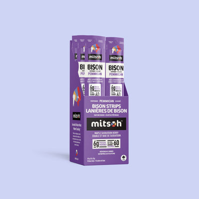 Peppered Saskatoon Berry Bison Pemmican 18-pack carton with wrapped pemmican strips