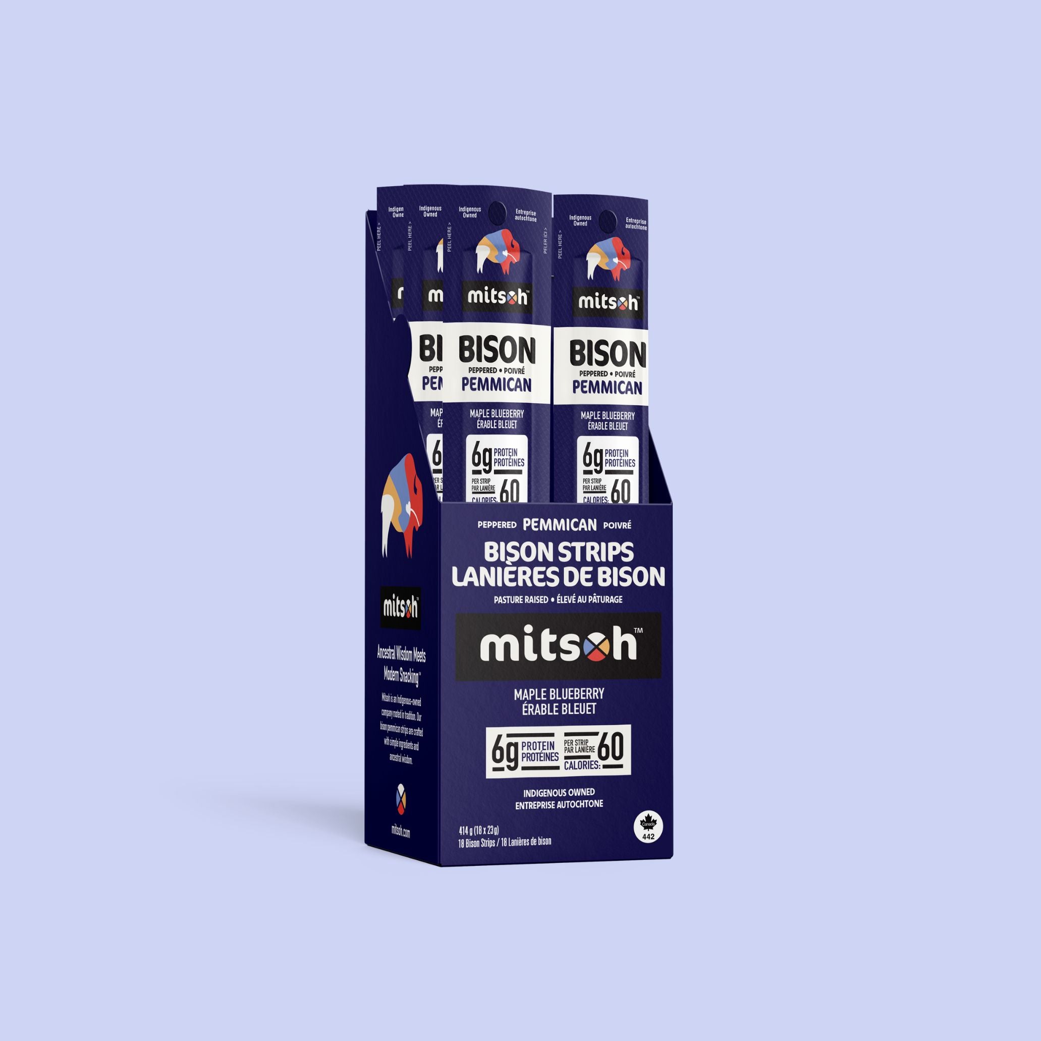Peppered Blueberry Bison Pemmican 18-pack carton with wrapped pemmican strips