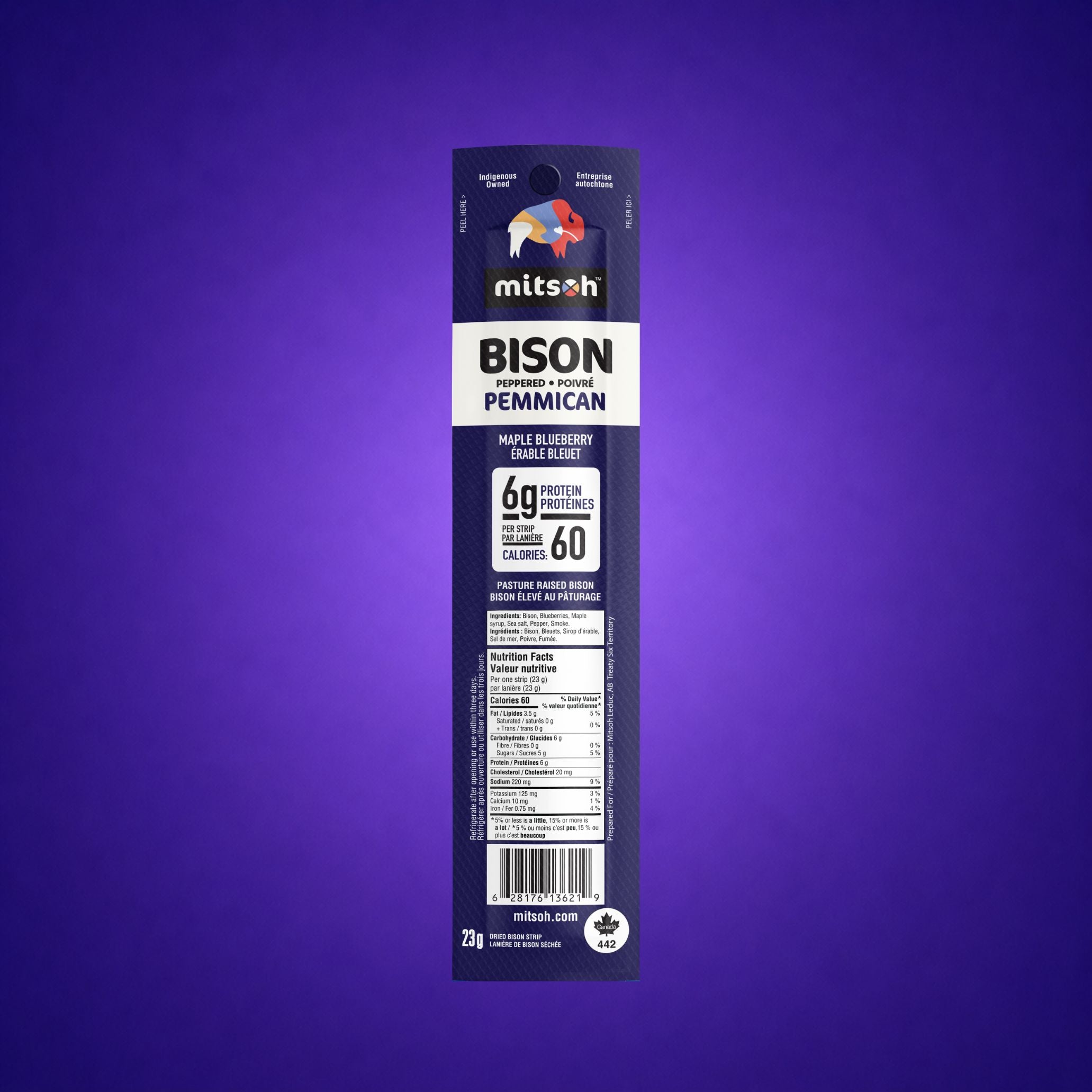 Single Peppered Blueberry Bison Pemmican strip on a deep purple background