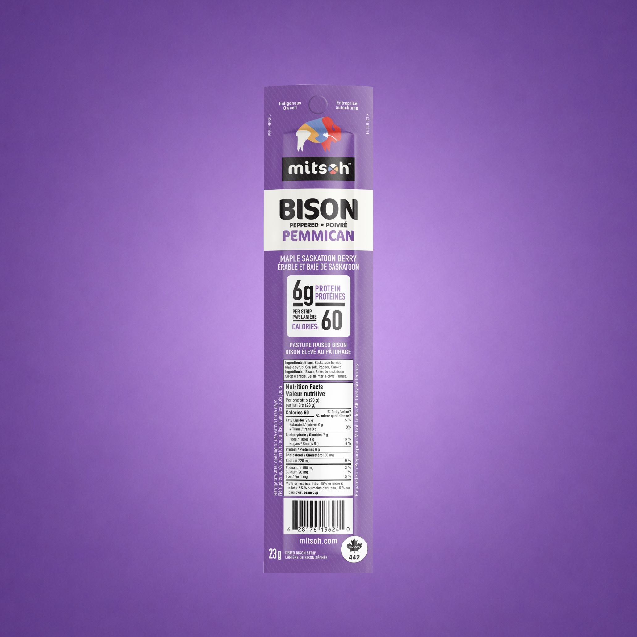 Single Peppered Saskatoon Berry Bison Pemmican strip on a purple background