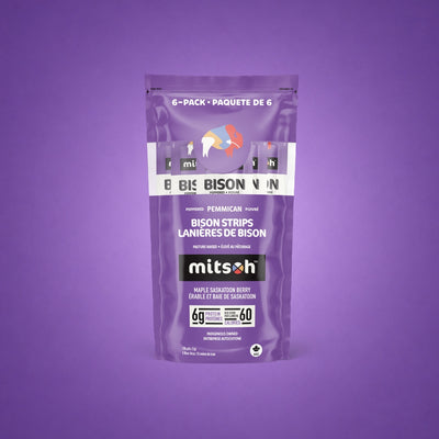 Peppered Saskatoon Berry Bison Pemmican 6-pack pouch on a purple background