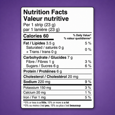 Nutrition facts label for Peppered Saskatoon Berry Bison Pemmican