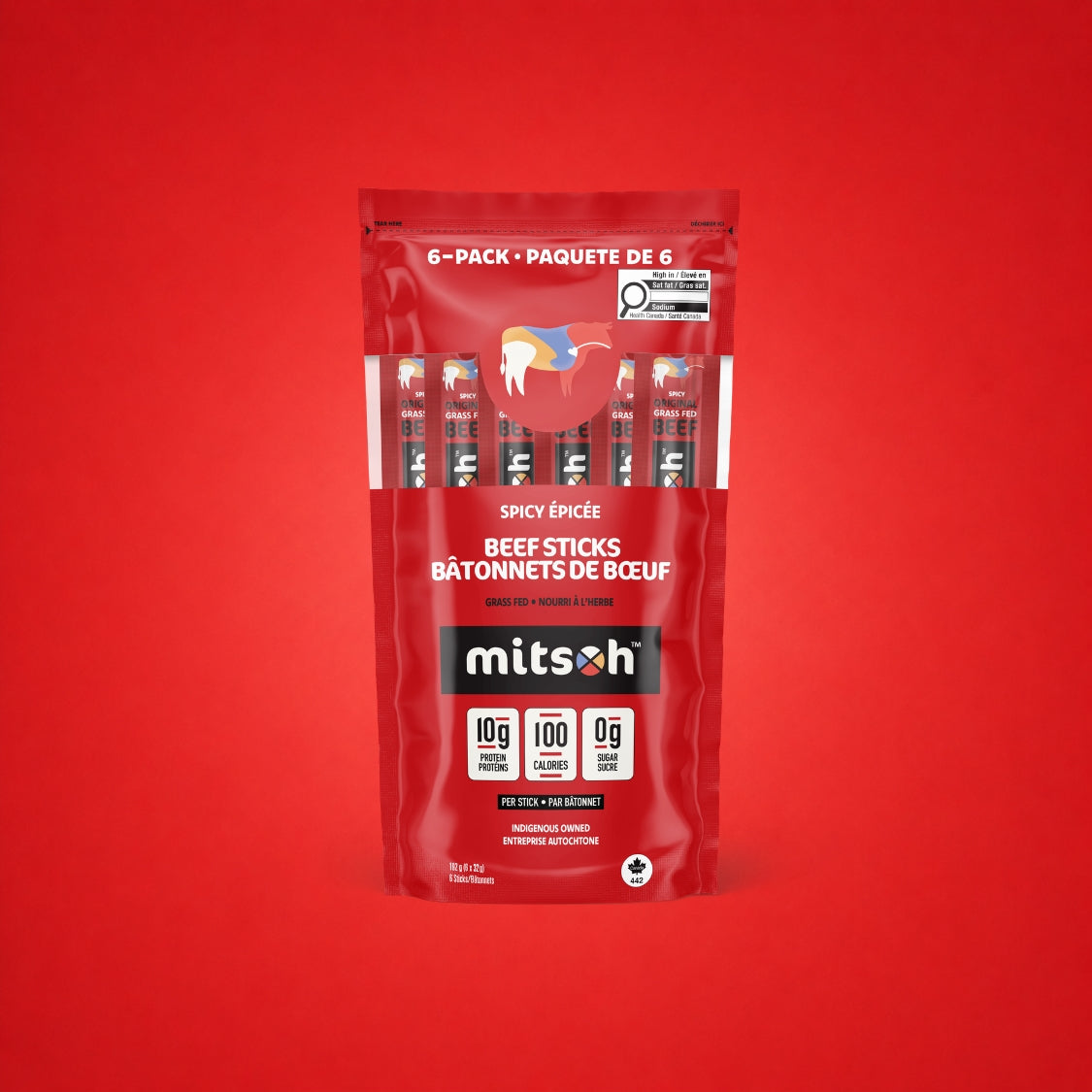 Spicy Original Grass-Fed Beef Sticks 6-pack pouch on a red background