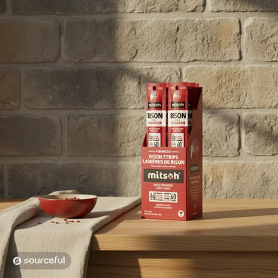 Original Strawberry Bison Pemmican 6-pack carton beside strawberries on a table
